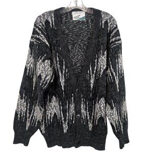 Vintage Uniform Code Cardigan Sweater Sz L Black White Abstract Knit wool nylon